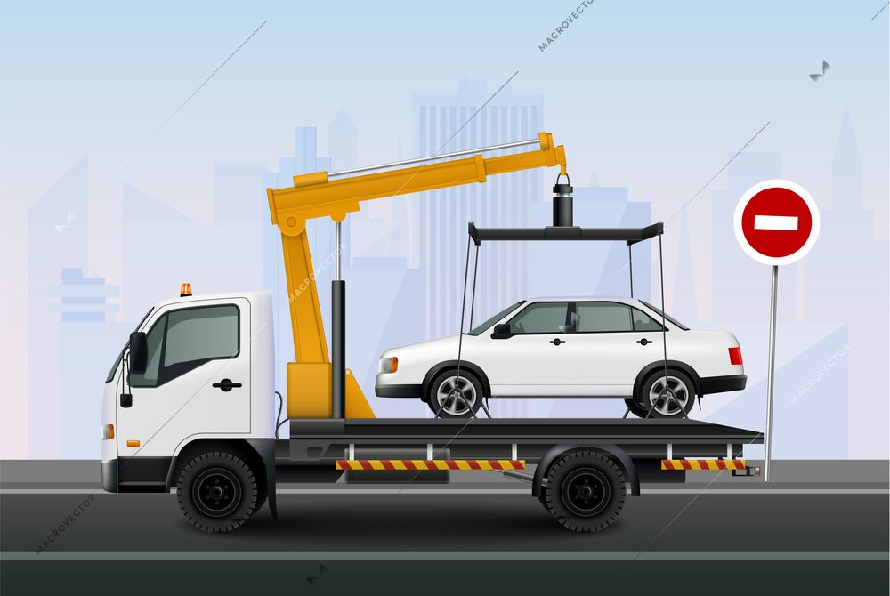 Tow truck background with municipal vehicles symbols realistic vector illustration