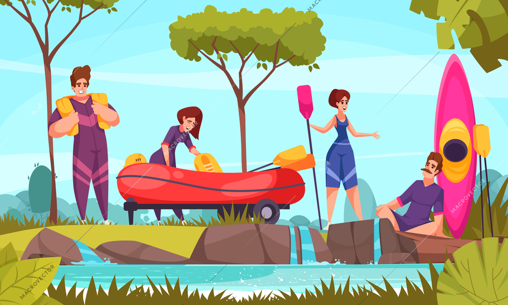 River rafting concept with people in swimsuits holding canoe and rubber boats cartoon vector illustration