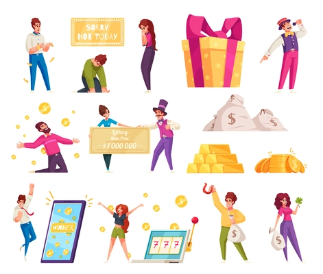 Lottery winner cartoon icons set with people winning money prize isolated vector illustration