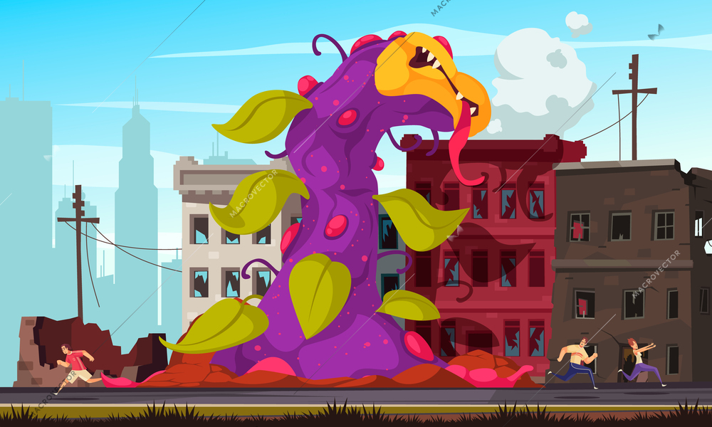 Carnivorous monster plant with horrifying flower destroying the city cartoon vector illustration