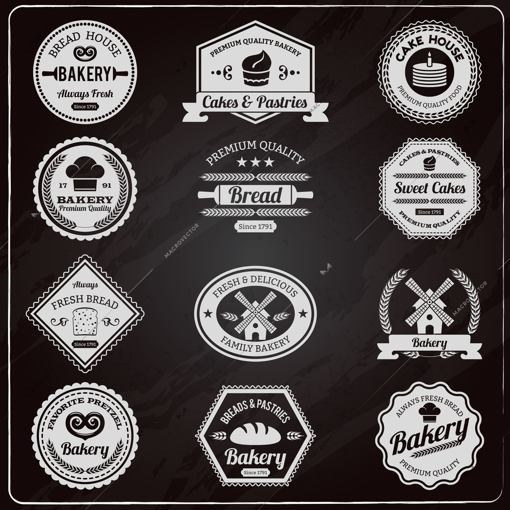 Vintage design premium quality family bakery chalkboard fresh bread emblems labels collection outline abstract isolated vector illustration