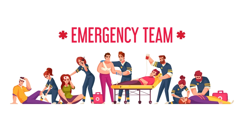 Emergency cartoon concept with first aid team rescuing accident victims vector illustration