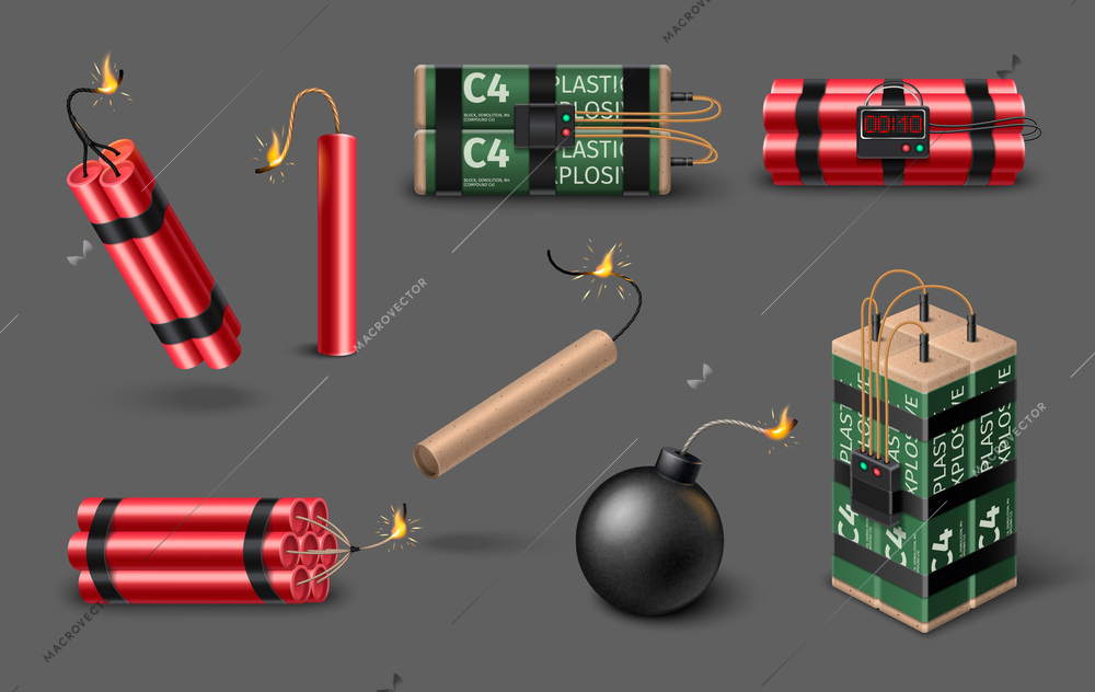 Realistic set of c4 plastic explosives dynamite bomb with timer and burning wick isolated on grey background vector illustration