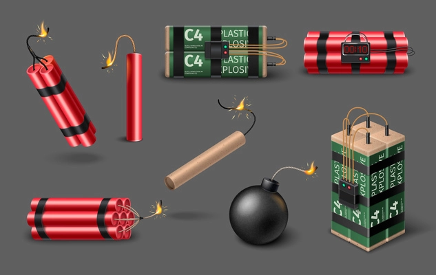 Realistic set of c4 plastic explosives dynamite bomb with timer and burning wick isolated on grey background vector illustration