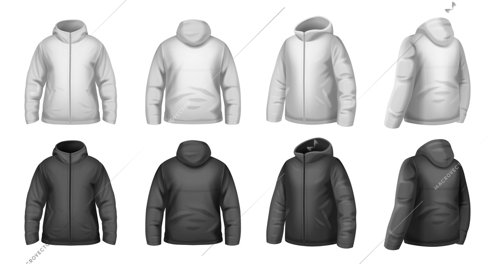 Realistic set of white and black male winter jacket mockups isolated vector illustration