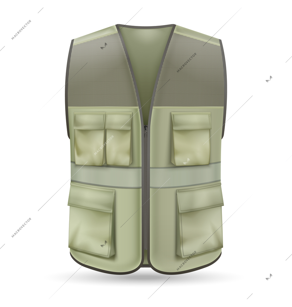 Modern vest with many pockets realistic mockup in khaki color isolated on white background vector illustration