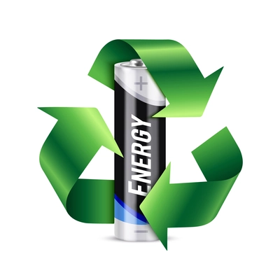 Eco Energy realistic composition demonstrated battery with green recycling symbol on white background vector illustration