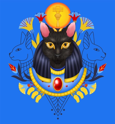 Bastet egyptian god composition with collage mask of ancient avatar image with decorated goddess cat head vector illustration