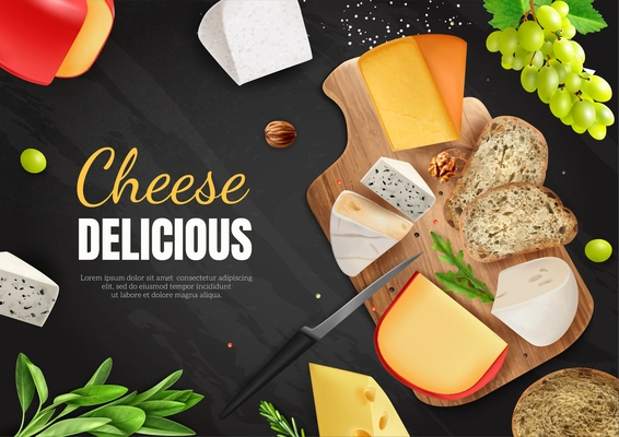 Realistic cheese chalkboard composition with cheese plate with bread and big headline vector illustration