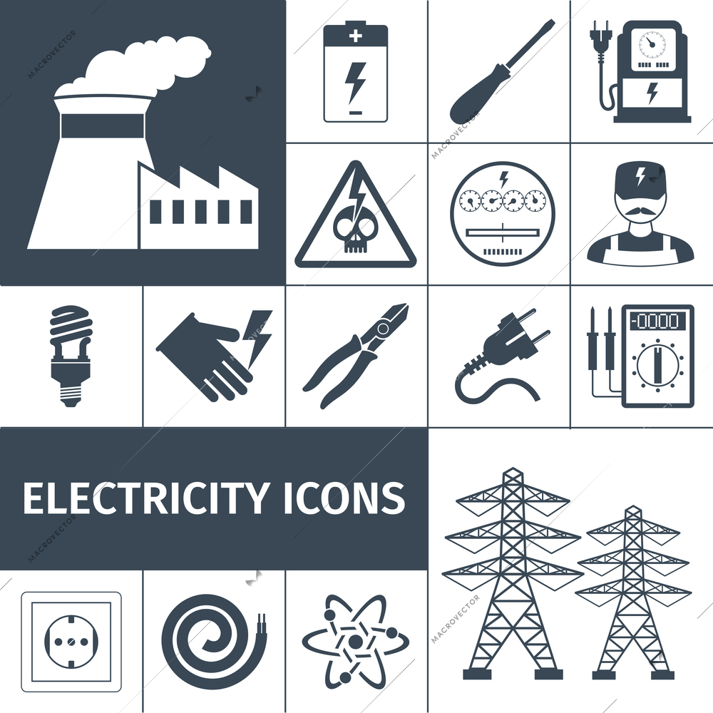 Electricity icons black set with power plant battery screwdriver multimeter isolated vector illustration
