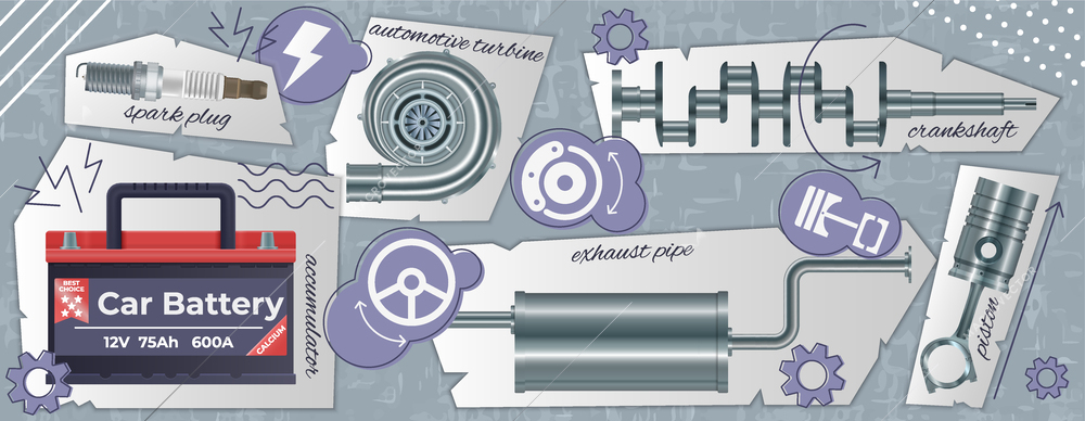 Auto parts realistic collage with exhaust pipe symbols vector illustration