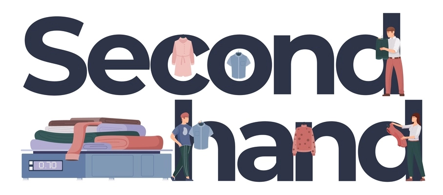 Second hand clothes concept with text flat vector illustration