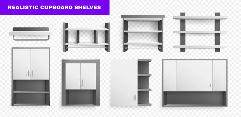 Two colors kitchen or living room cupboards and shelves in minimalist style realistic set isolated on transparent background vector illustration