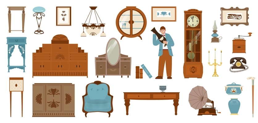 Antique shop set with flat isolated icons of vintage decorations furniture pieces chandeliers candles and dishes vector illustration