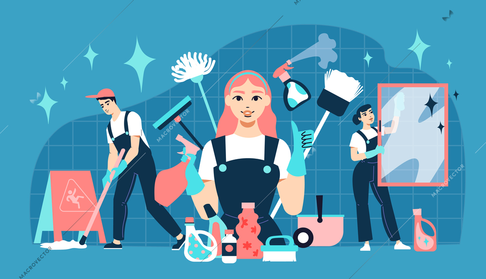 Cleaning service flat composition with detergent tools and professional workers performing various housekeeping duties vector illustration