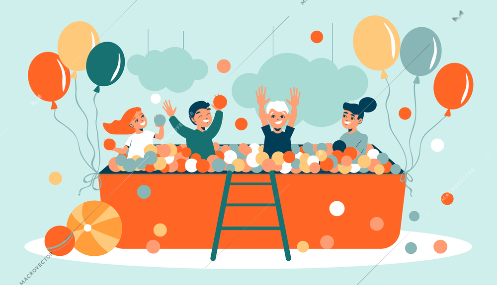 Children playroom composition with view of bath filled with balls and happy children with hanging balloons vector illustration