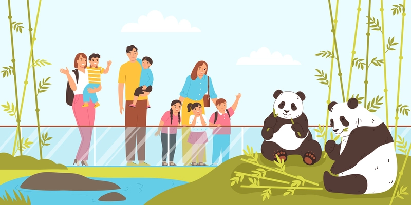 Happy people looking at pandas eating bamboo in zoo flat vector illustration