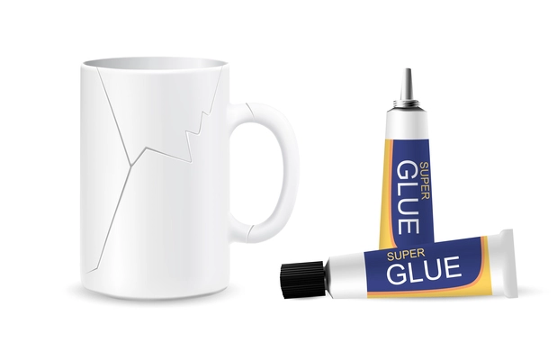 Glue bottles containers set of two isolated compositions with tubes of super glue and glued cup vector illustration