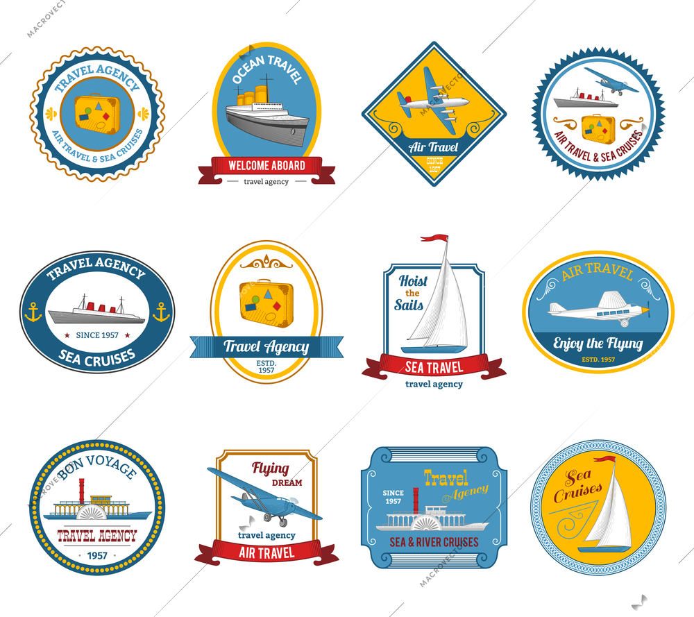 Luxury yacht sea sail dream cruise vacation travel agency offer color icons set abstract isolated vector illustration