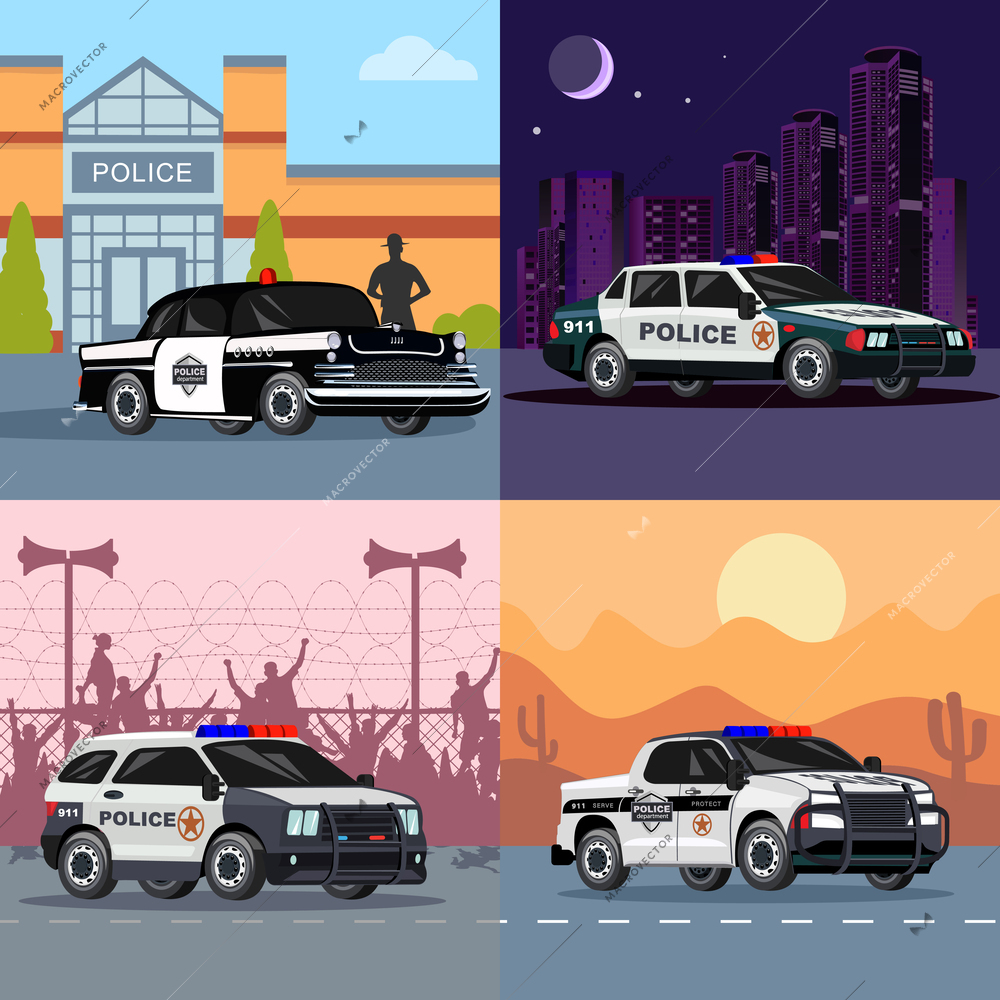 Police transport flat set of four square compositions with different landscapes police cars and human characters vector illustration