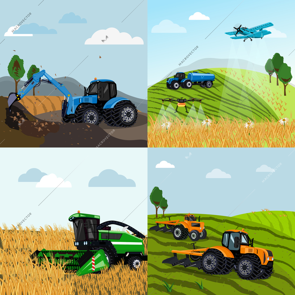 Agricultural machines transport flat set of four square compositions with field and farm landscapes with vehicles vector illustration