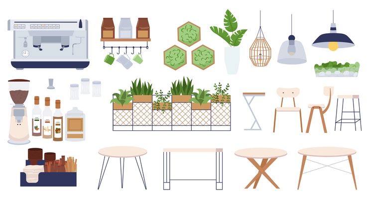 Modern eco cafe flat set of isolated icons with chairs tables coffee making supplies decorative plants vector illustration