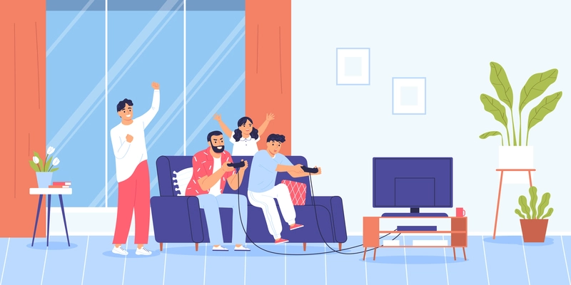 Father playing video game with his children in living room flat vector illustration