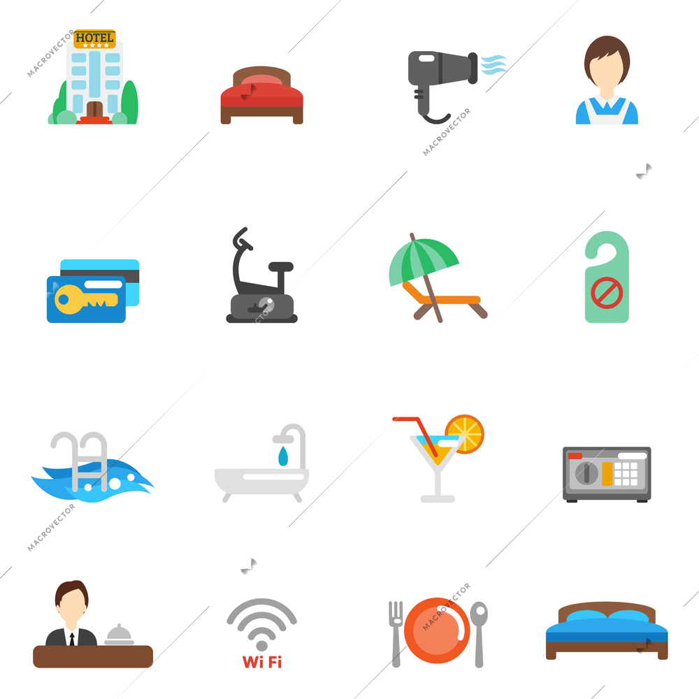 Hotel flat icon set with reception cocktail gym bed isolated vector illustration