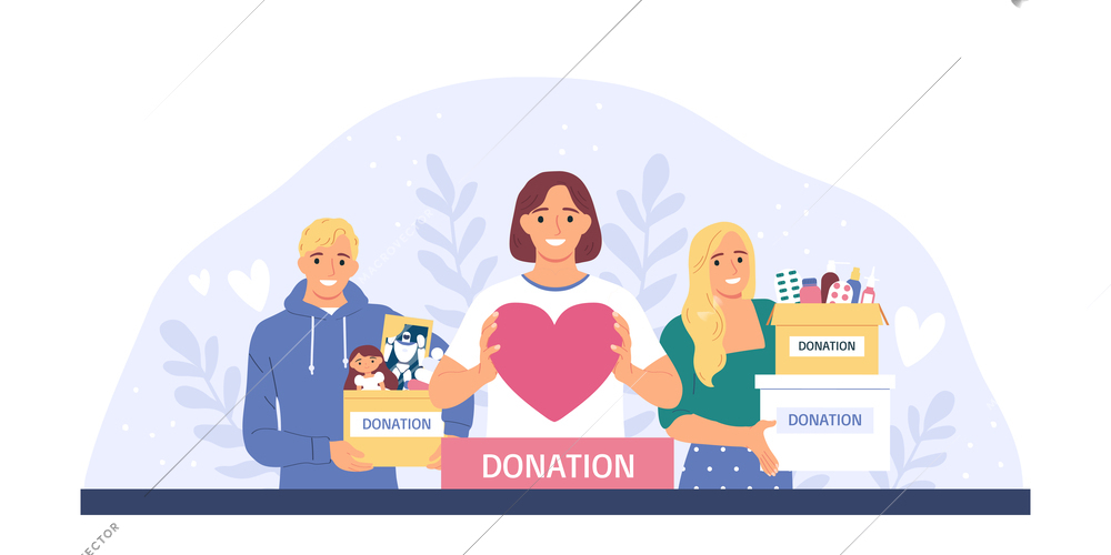 Charity flat concept with smiling volunteers holding donation boxes and big heart vector illustration