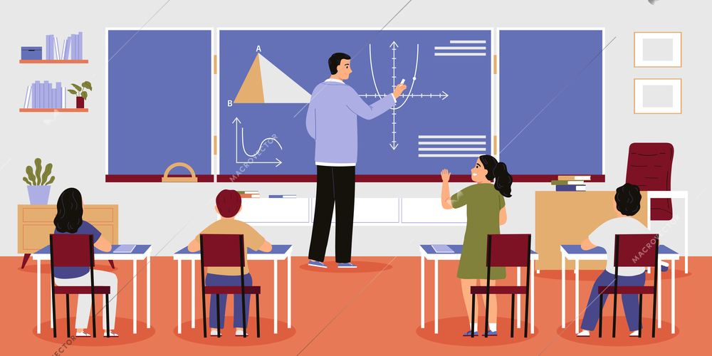 Maths school lesson classroom interior with male teacher at chalkboard and four students flat vector illustration