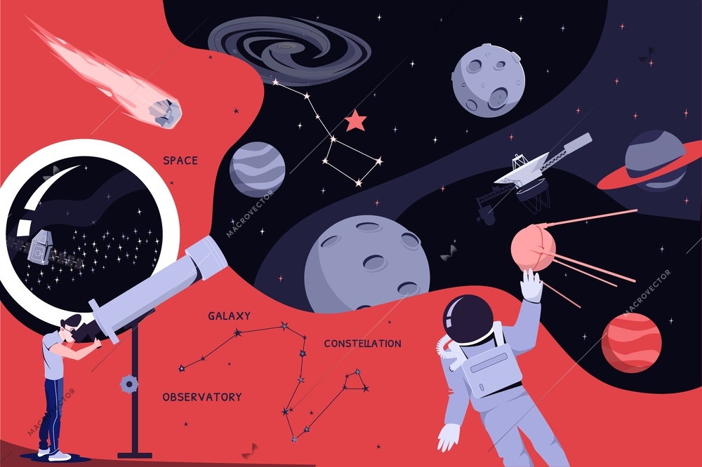 Space industry flat collage composition with doodle man looking in telescope astronaut and outer space scenery vector illustration