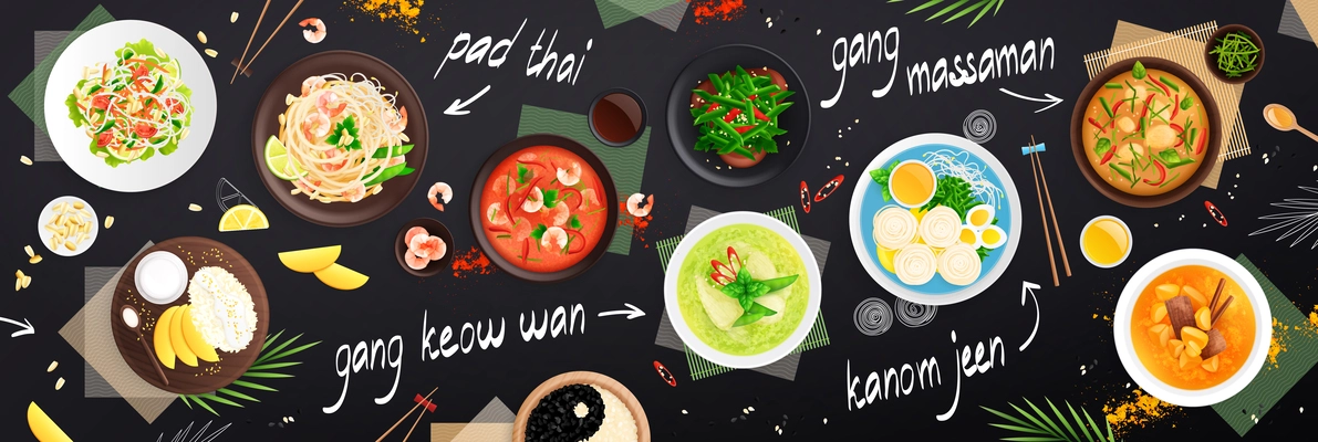 Thai cuisine national dishes on black background so as gang keow wan pad tai and kanom jeen flat horizontal vector illustration