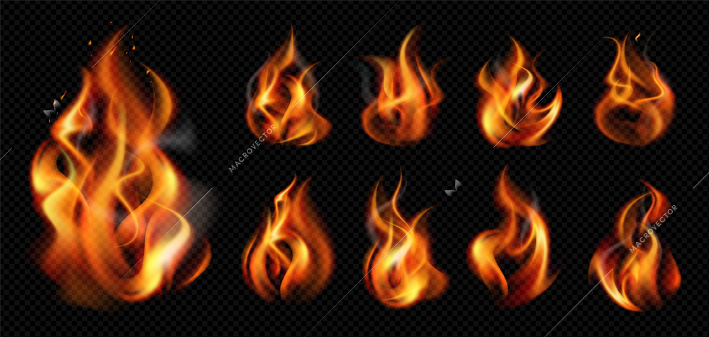 Realistic flame fire transparent icon set nine isolated mini fires on dark background vector illustration