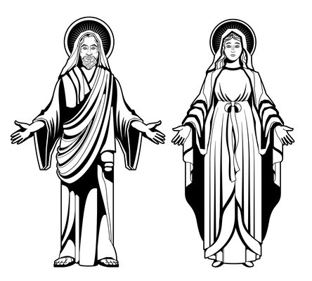 Jesus virgin mary drawing set of two isolated images with outline looks of saints for coloring vector illustration