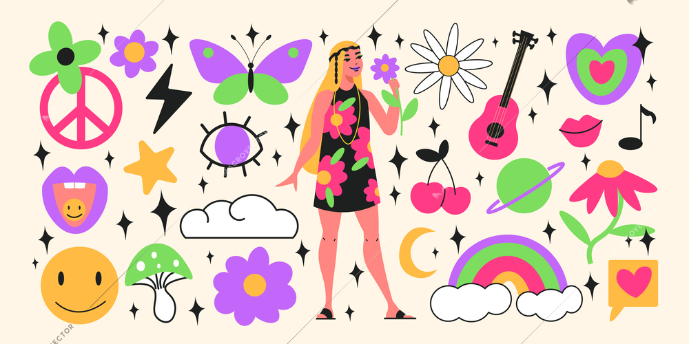 Hippie flat icons set with girl in flower print dress and psychedelic symbols isolated vector illustration