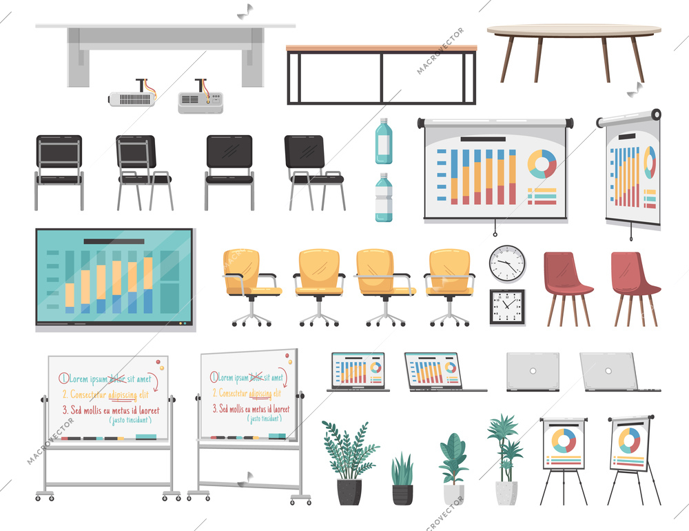 Meeting room cartoon icons set with office furniture items isolated vector illustration