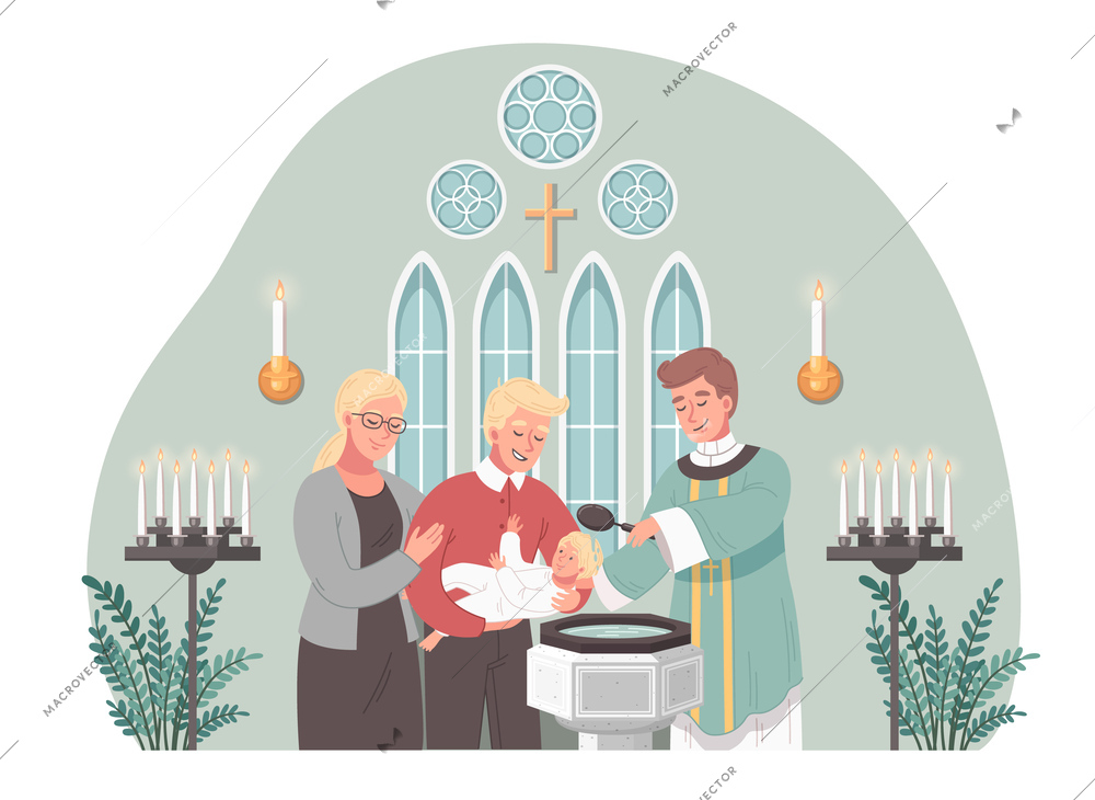 Christian church cartoon scene with priest baptising baby vector illustration
