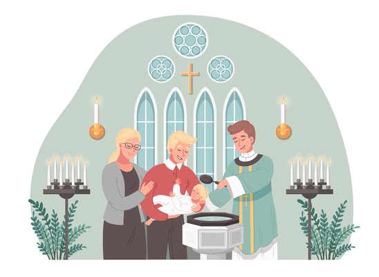 Christian church cartoon scene with priest baptising baby vector illustration