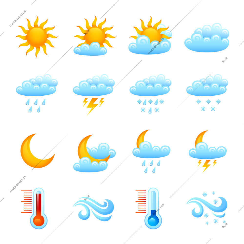 Weather forecast website decorative icon set with sun clouds rain thermometer isolated vector illustration