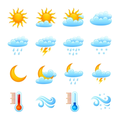 Weather forecast website decorative icon set with sun clouds rain thermometer isolated vector illustration