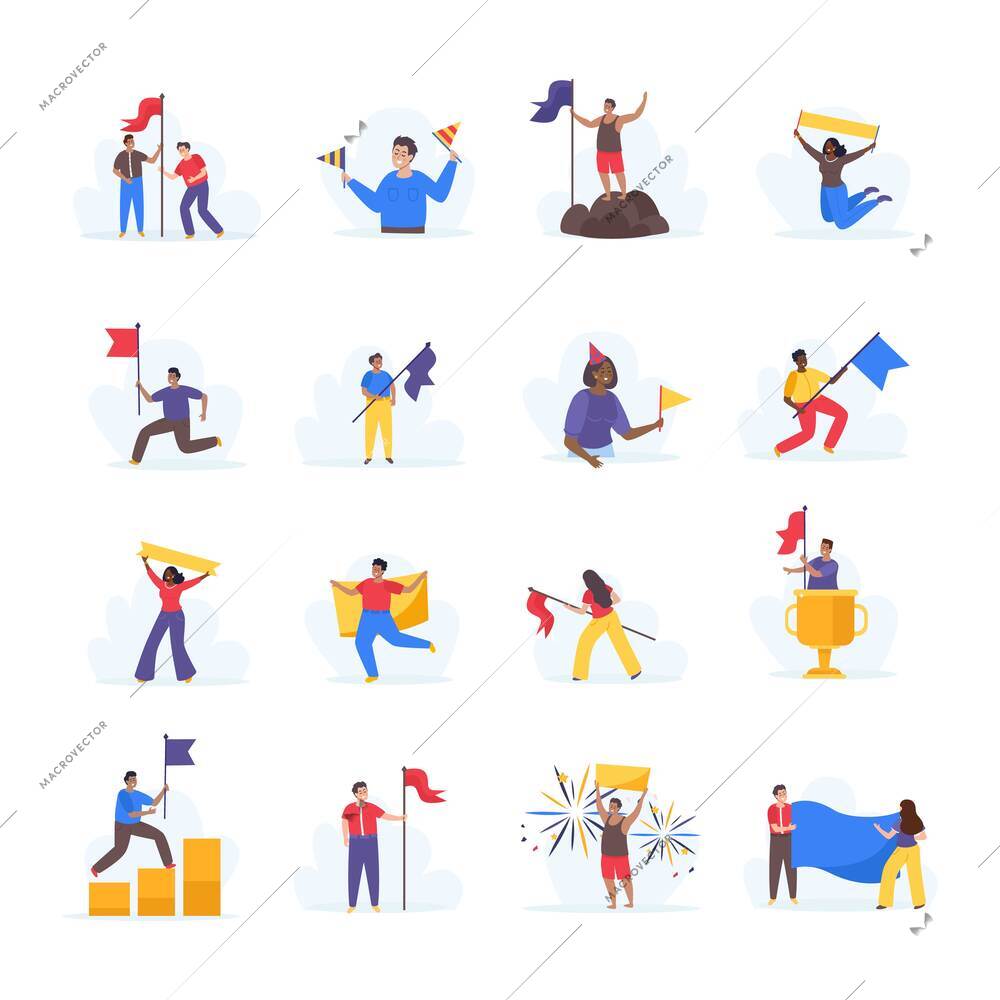 Happy people with colorful flags and placards flat icons set isolated vector illustration