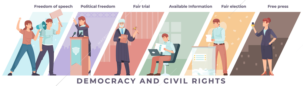 Democracy and civil rights flat concept with people fighting for  fair trial free press freedom of speech vector illustration