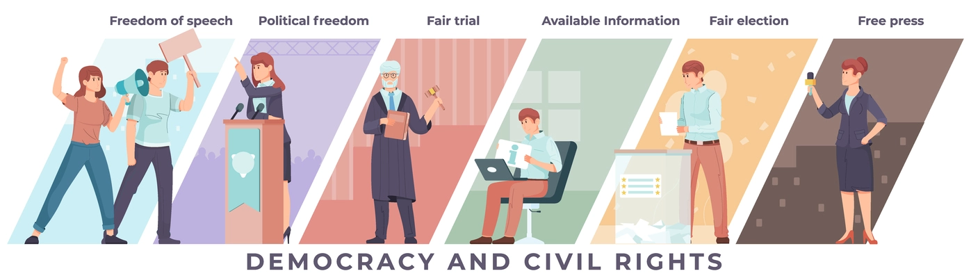 Democracy and civil rights flat concept with people fighting for  fair trial free press freedom of speech vector illustration