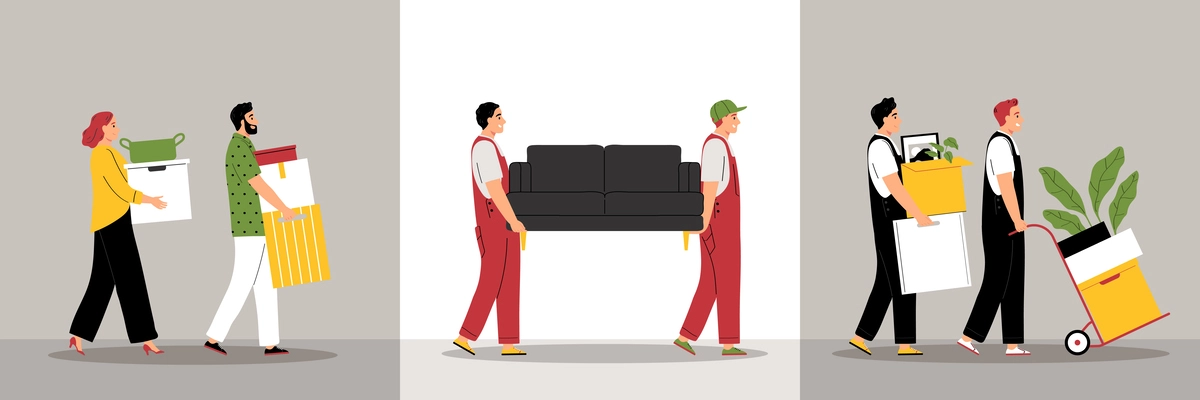 Moving to new house flat set with owners and movers carrying furniture and boxes isolated vector illustration