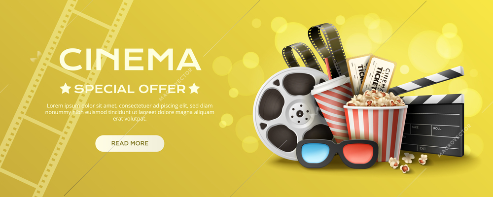 Horizontal cinema special offer web banner with realistic clapper popcorn 3d glasses on color background vector illustration