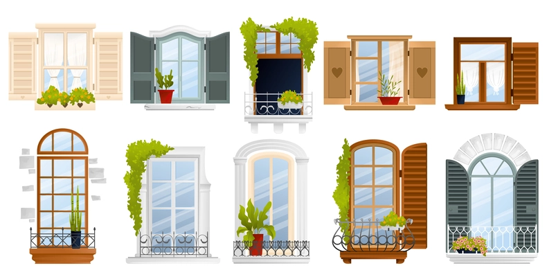 Vintage old european balcony window icon set ten different windows with different shapes sizes and colors vector illustration