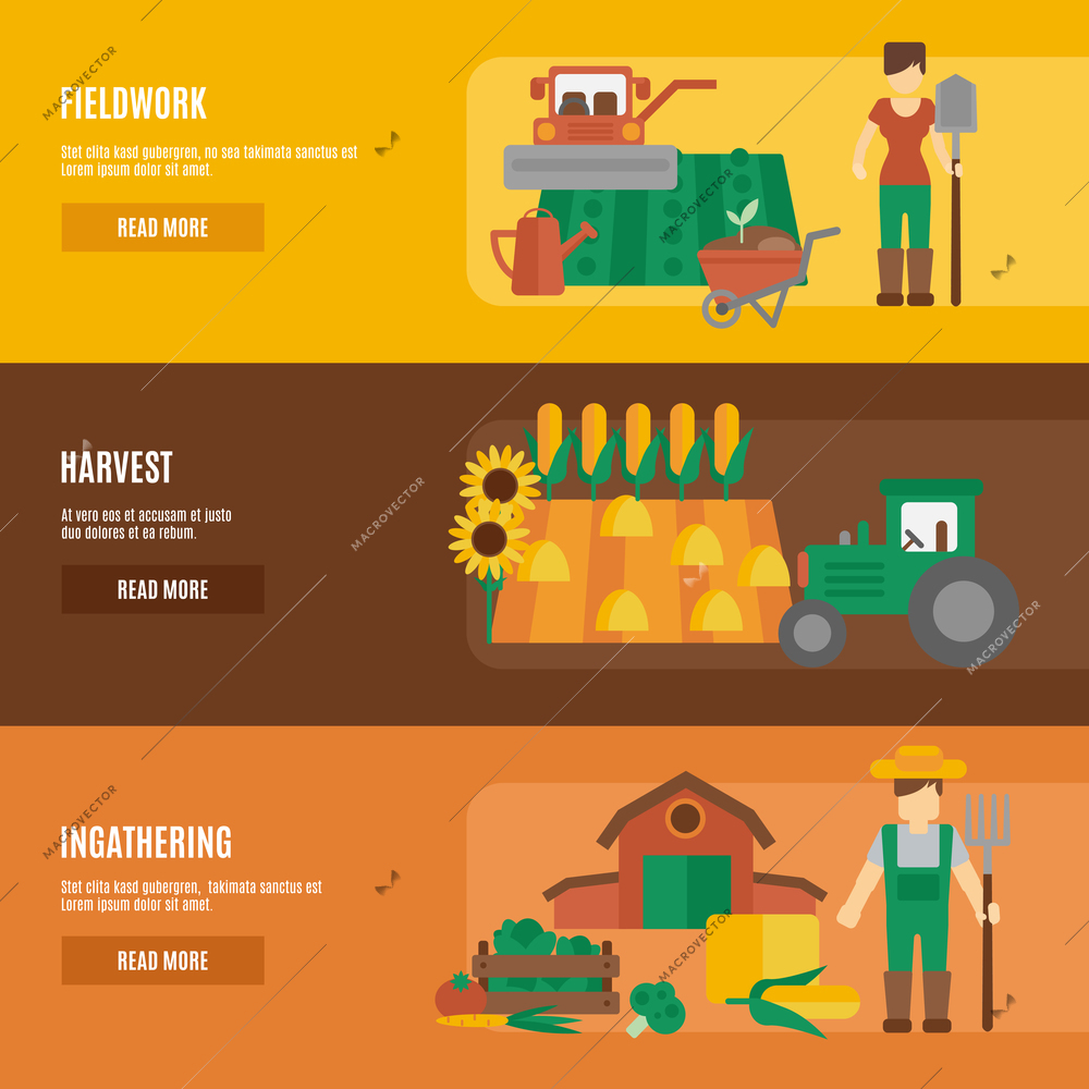 Farmer cartoon character fieldwork harvesting and farmland products ingathering flat horizontal banners set abstract isolated vector illustration