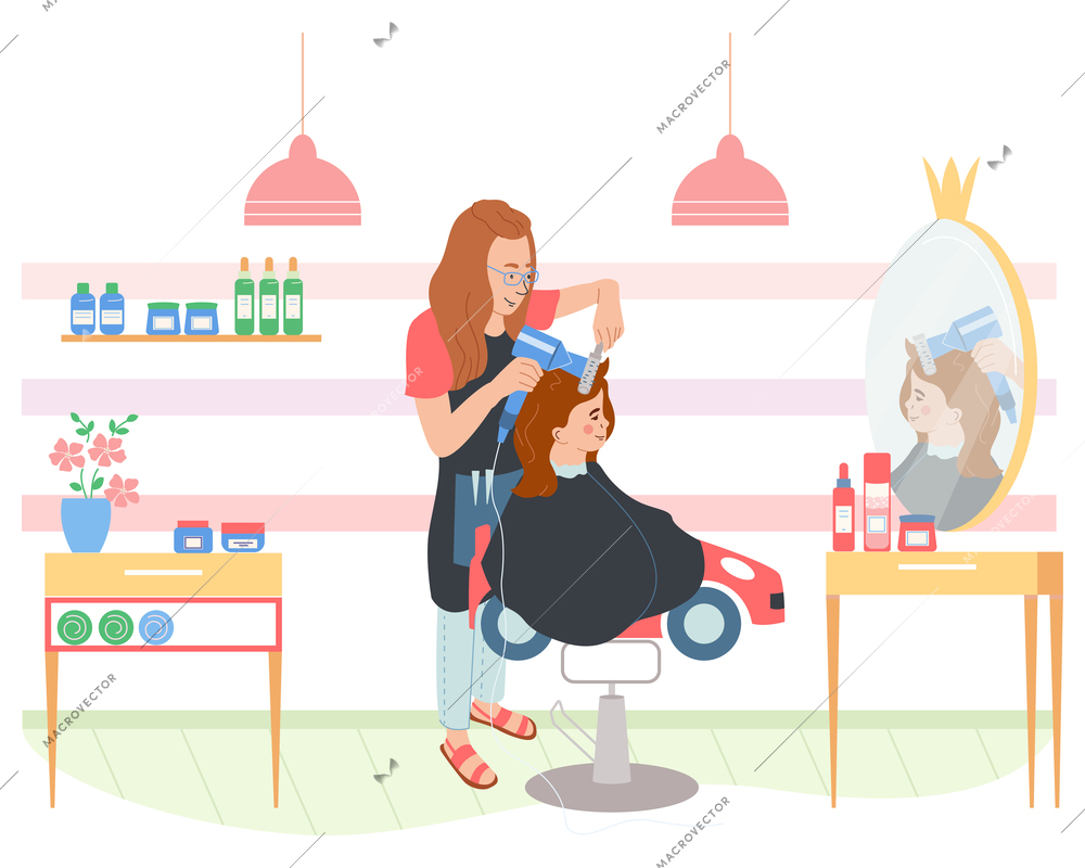 Kids services flat composition with child hair stylist vector illustration