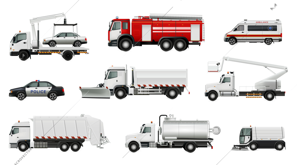 Municipal vehicles realistic set with isolated side view images of fire dump and tow trucks wipers vector illustration