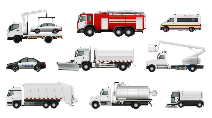 Municipal vehicles realistic set with isolated side view images of fire dump and tow trucks wipers vector illustration